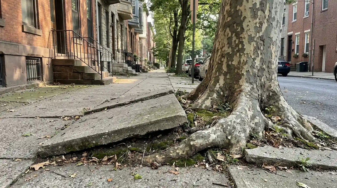 Sidewalk slabs lifted and cracked by roots around a street tree
