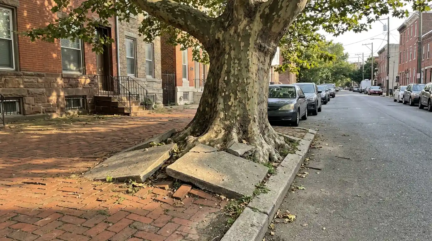 London plane street tree with lifted sidewalk slabs around its trunk